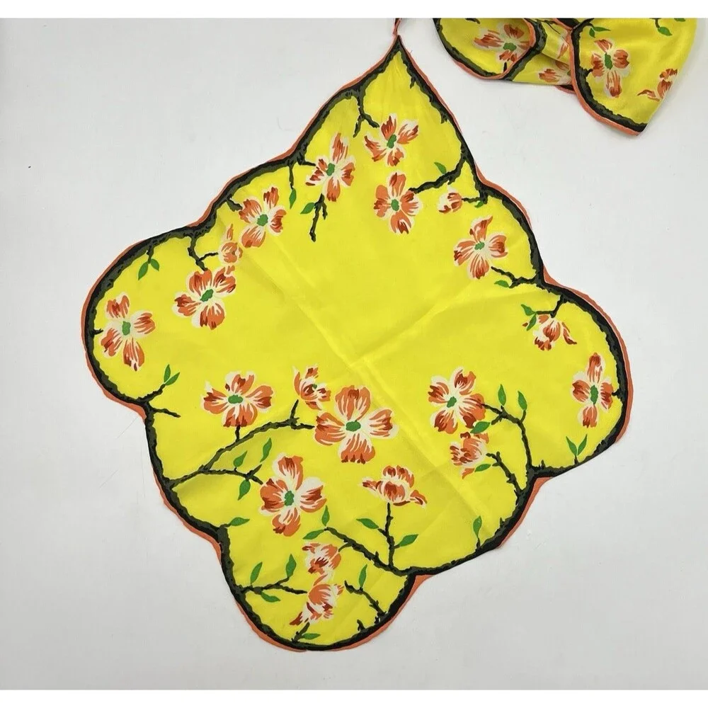 Vintage Asian Floral Silk Hanky Scarf Scalloped Edges Yellow Double Hankie *READ
